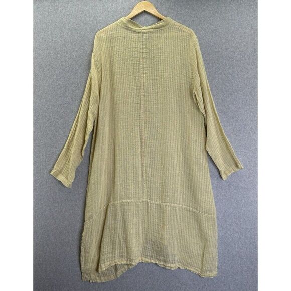 FLAX Medium Linen Long Shirt Dress Button Front Green Yellow Kaftan Oversized - Picture 6 of 13